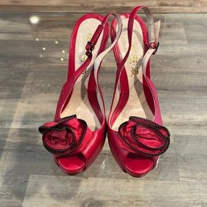 L.A.M.B by Gwen Stefani red leather sling backs w rose detail peep toe heels